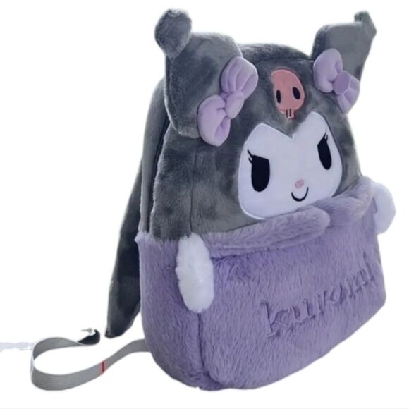 Hello Kitty Backpack Kuromi Embroidered Plush Furry Black 15" Book Bag Sanrio - Picture 4 of 4